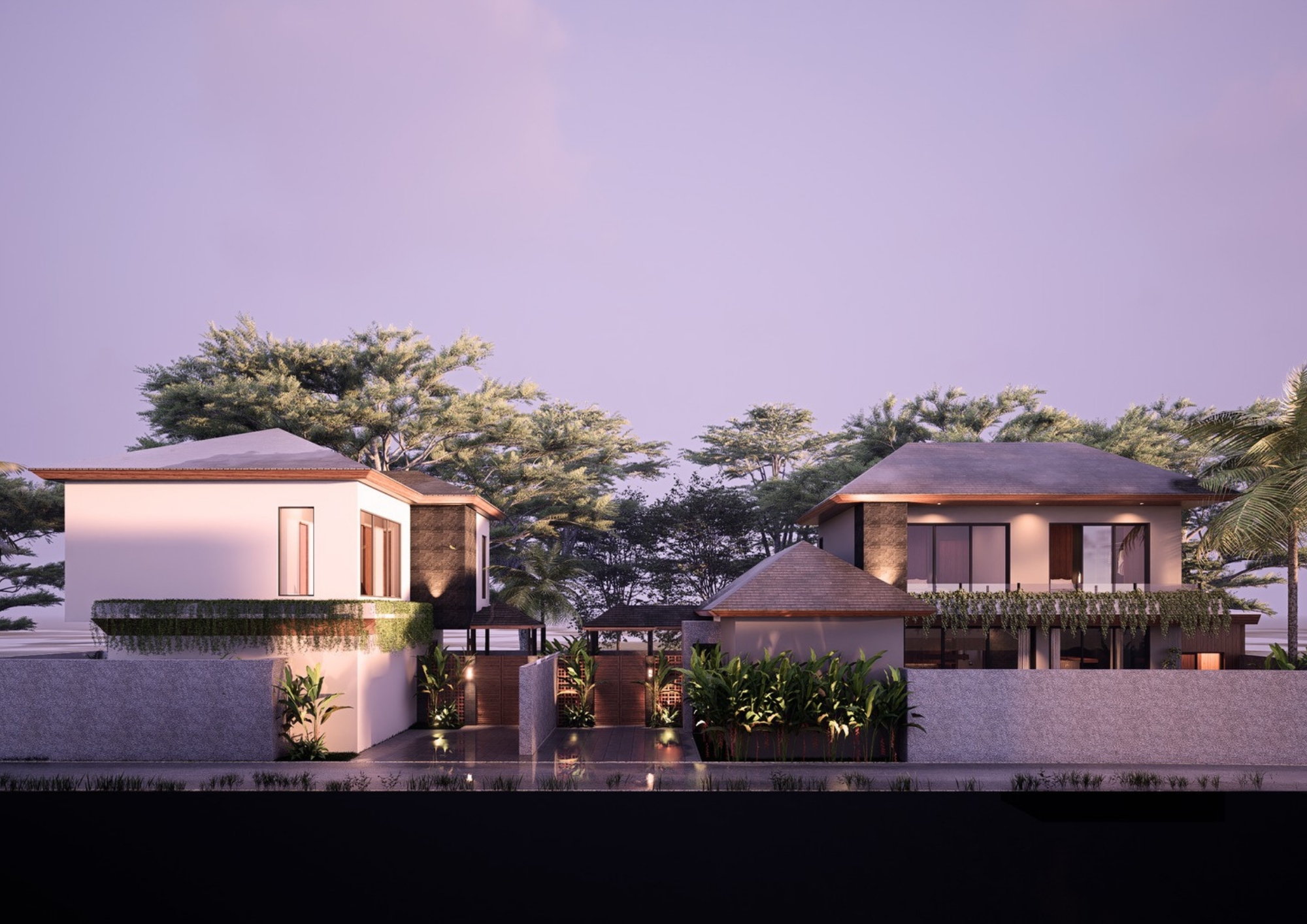 Beachfront villa with thatched roof and palm grove at dusk on Pigstone Beach, Bali