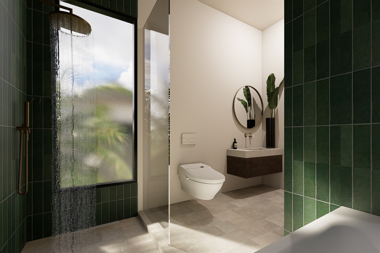 Bathroom with green tile, a rain shower, and a floating stone vanity