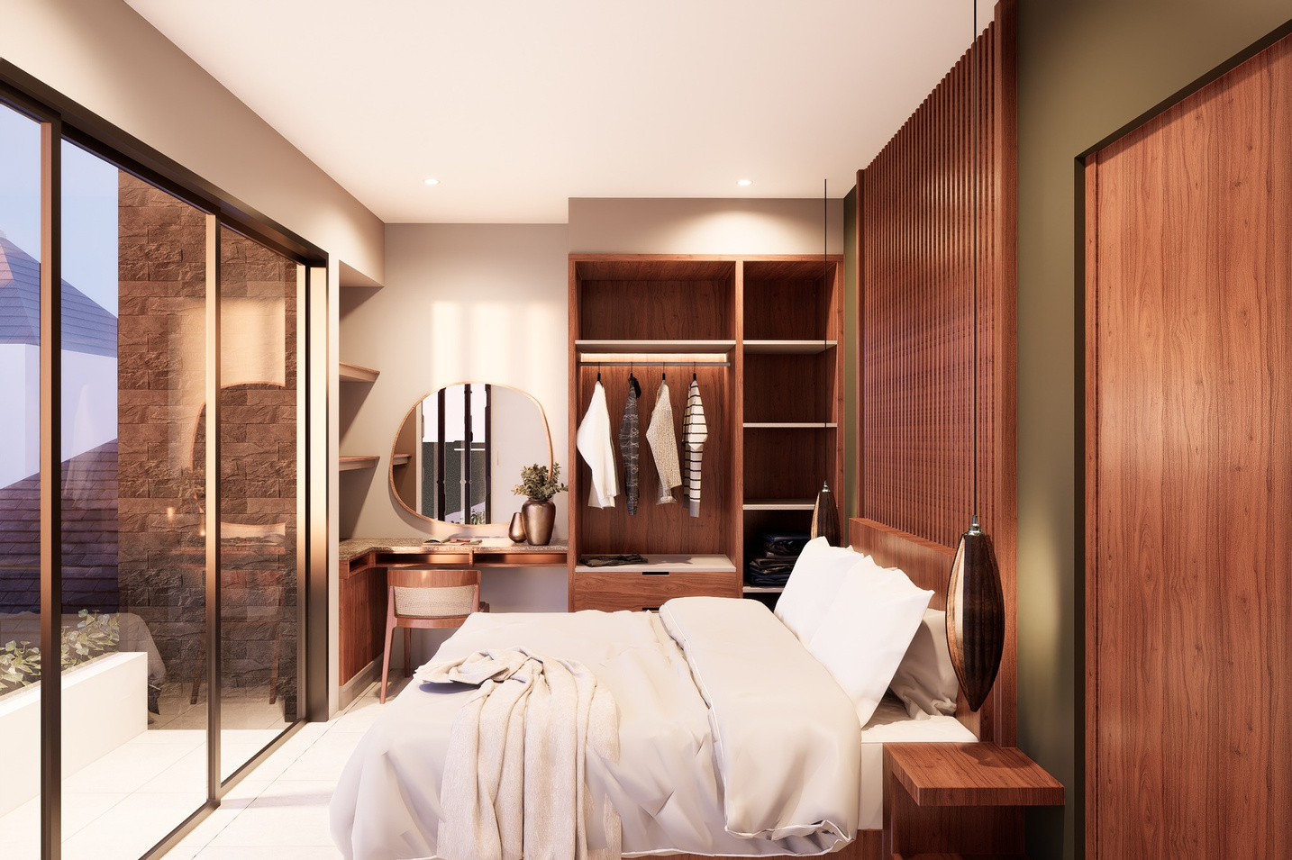 Bedroom with built-in wardrobe, dressing table, and warm timber panelling
