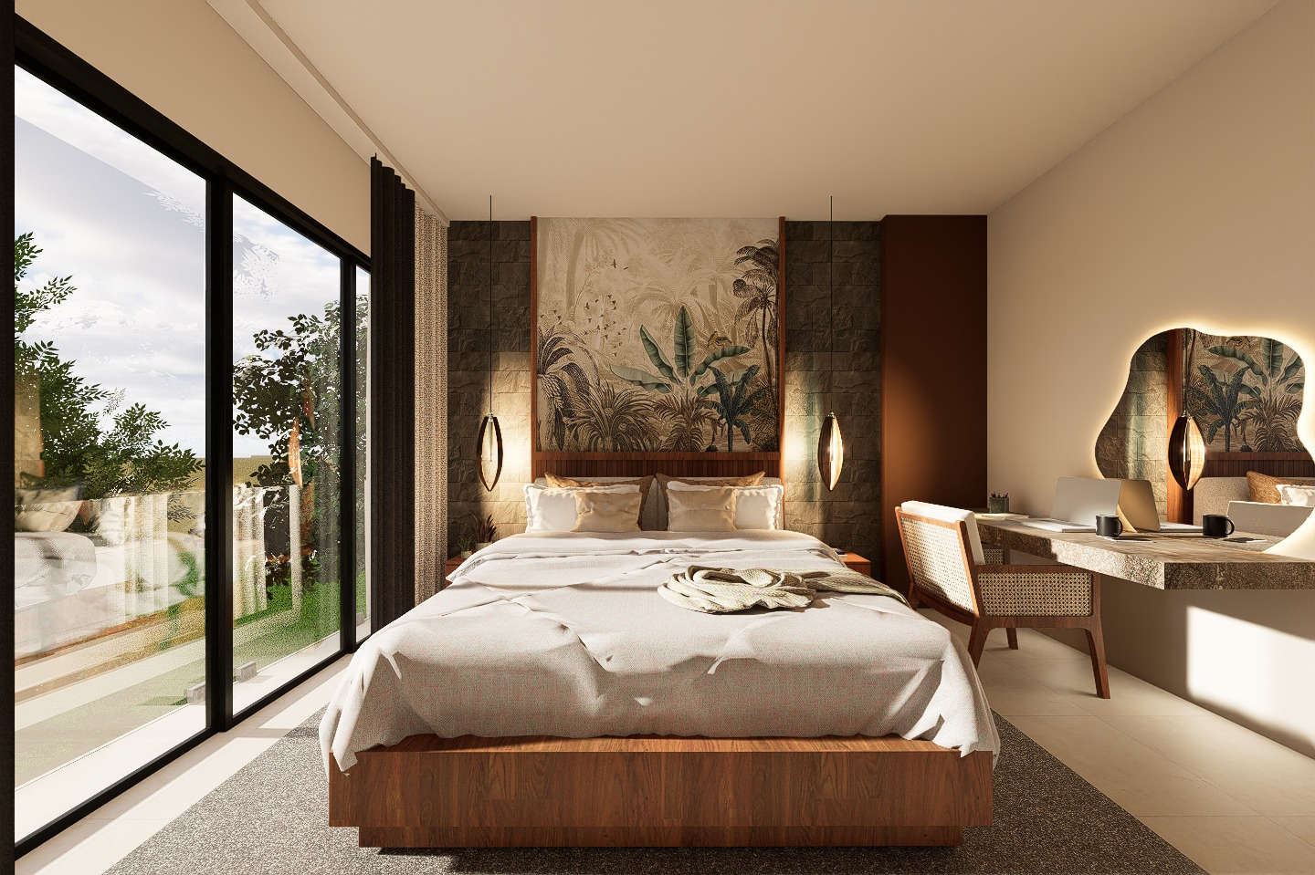 Bedroom with a botanical mural headboard and a private desk nook