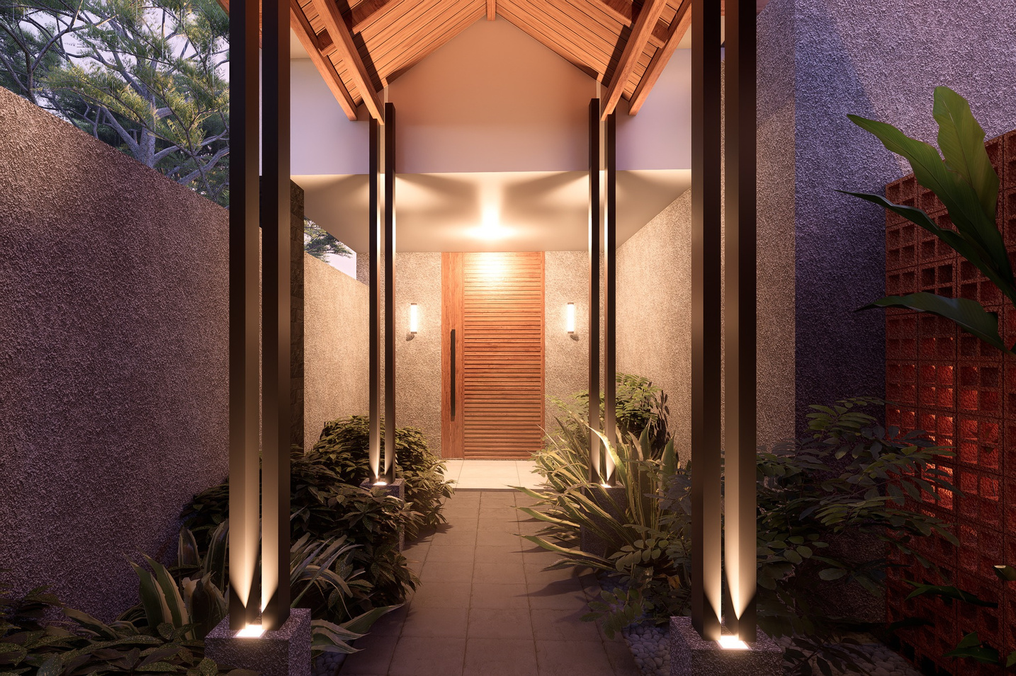 Covered entry walkway leading to a timber front door, lit by column lights