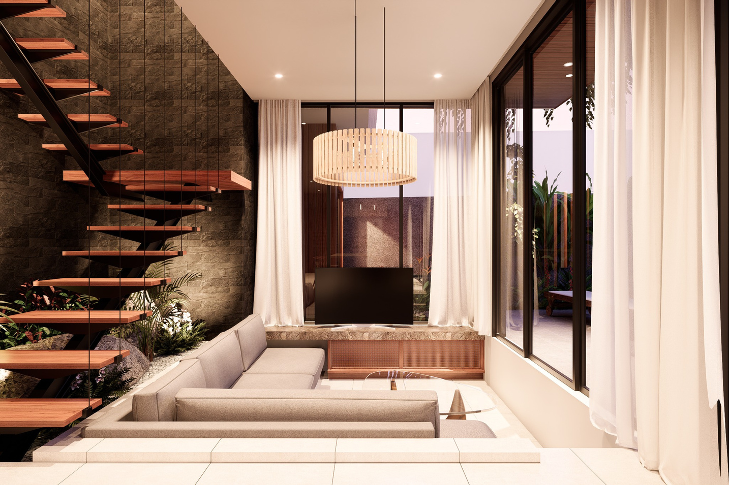 Living room with a floating timber staircase and sunken lounge seating