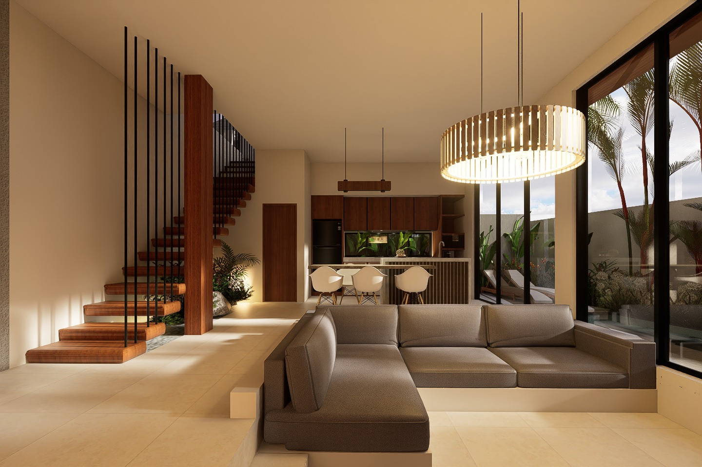 Open-plan kitchen, dining, and living space beneath a woven pendant light