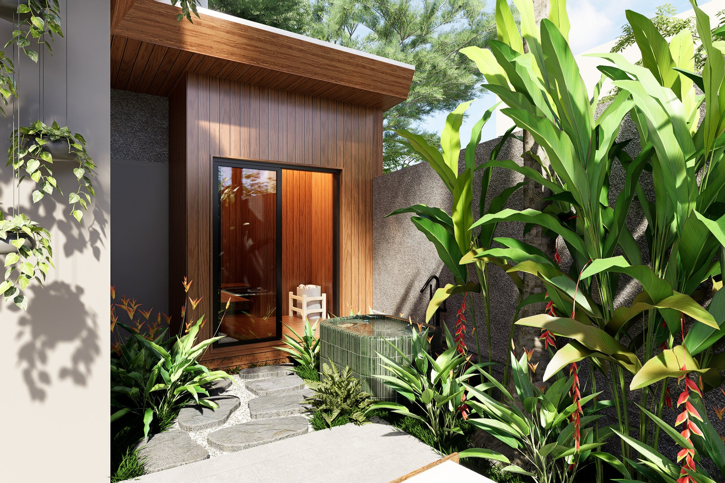 Outdoor stone bathtub tucked among tropical foliage beside a timber pavilion