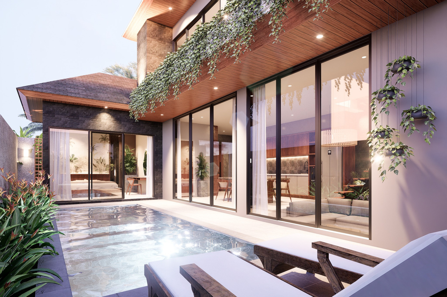 Pool terrace at dusk with loungers and full-height glass opening onto the living areas