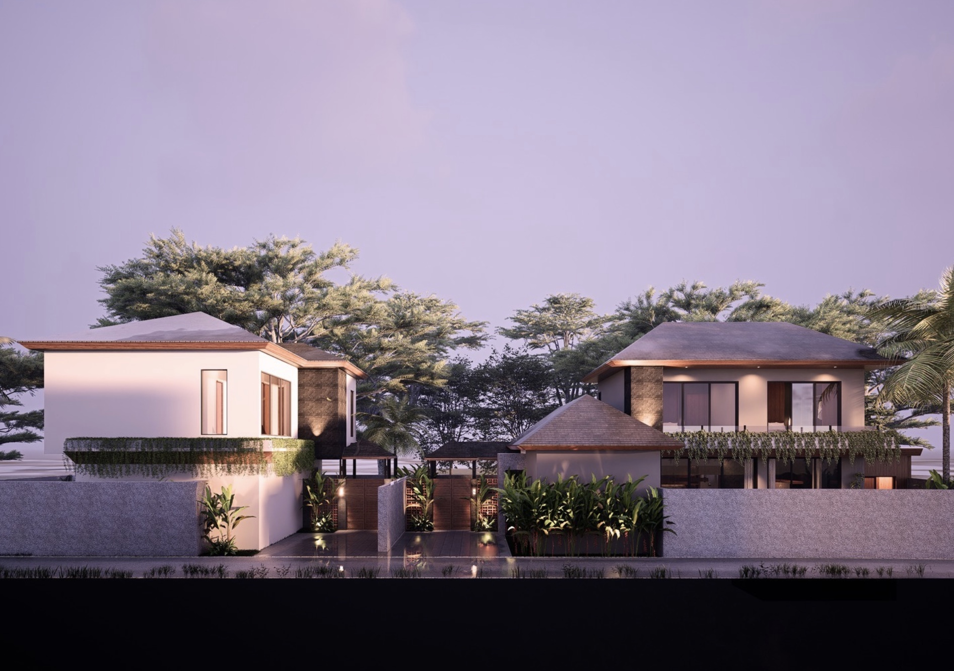 Beachfront villa with thatched roof and palm grove at dusk on Pigstone Beach, Bali
