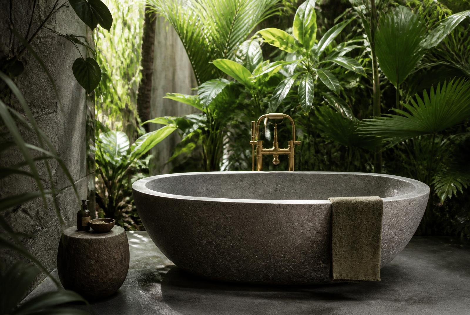 Outdoor stone bathtub set among tropical foliage with brass fixtures
