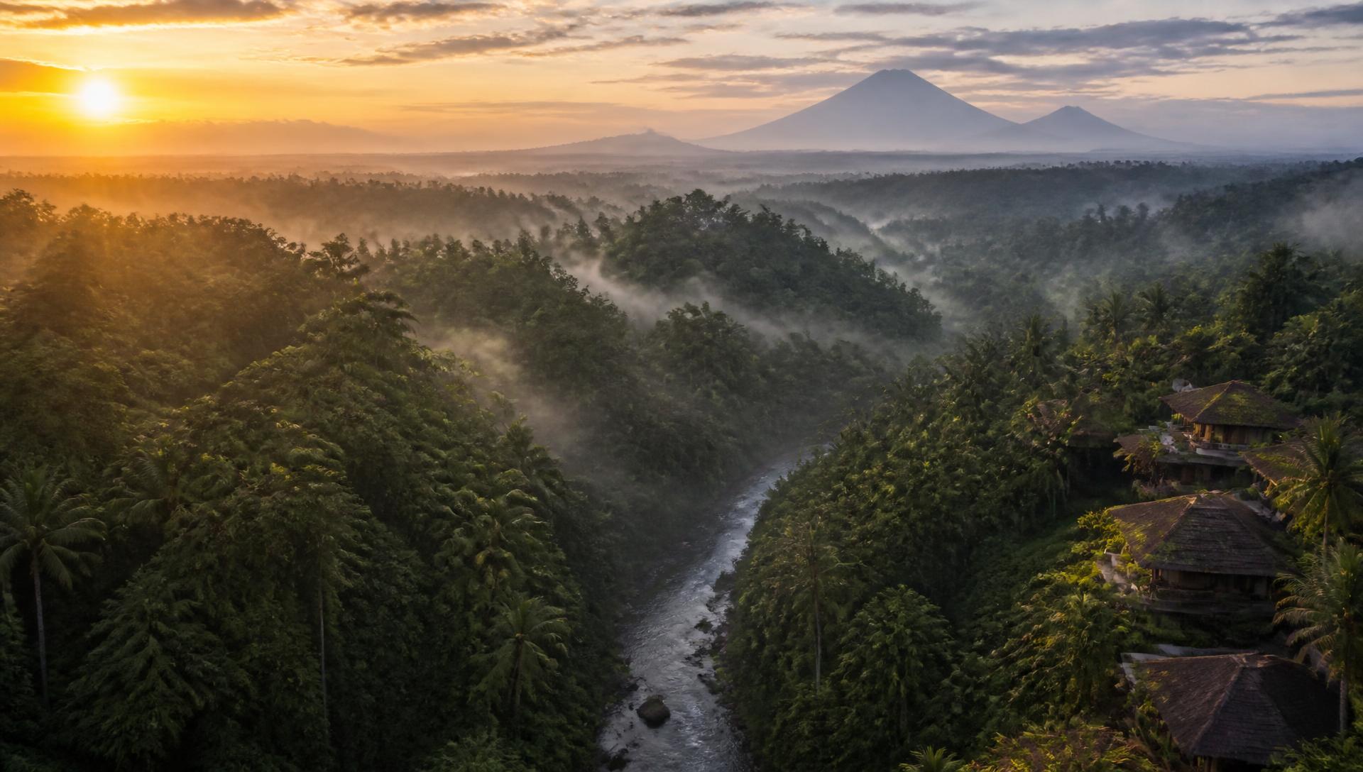 Sunrise over the Ubud jungle valley in Bali