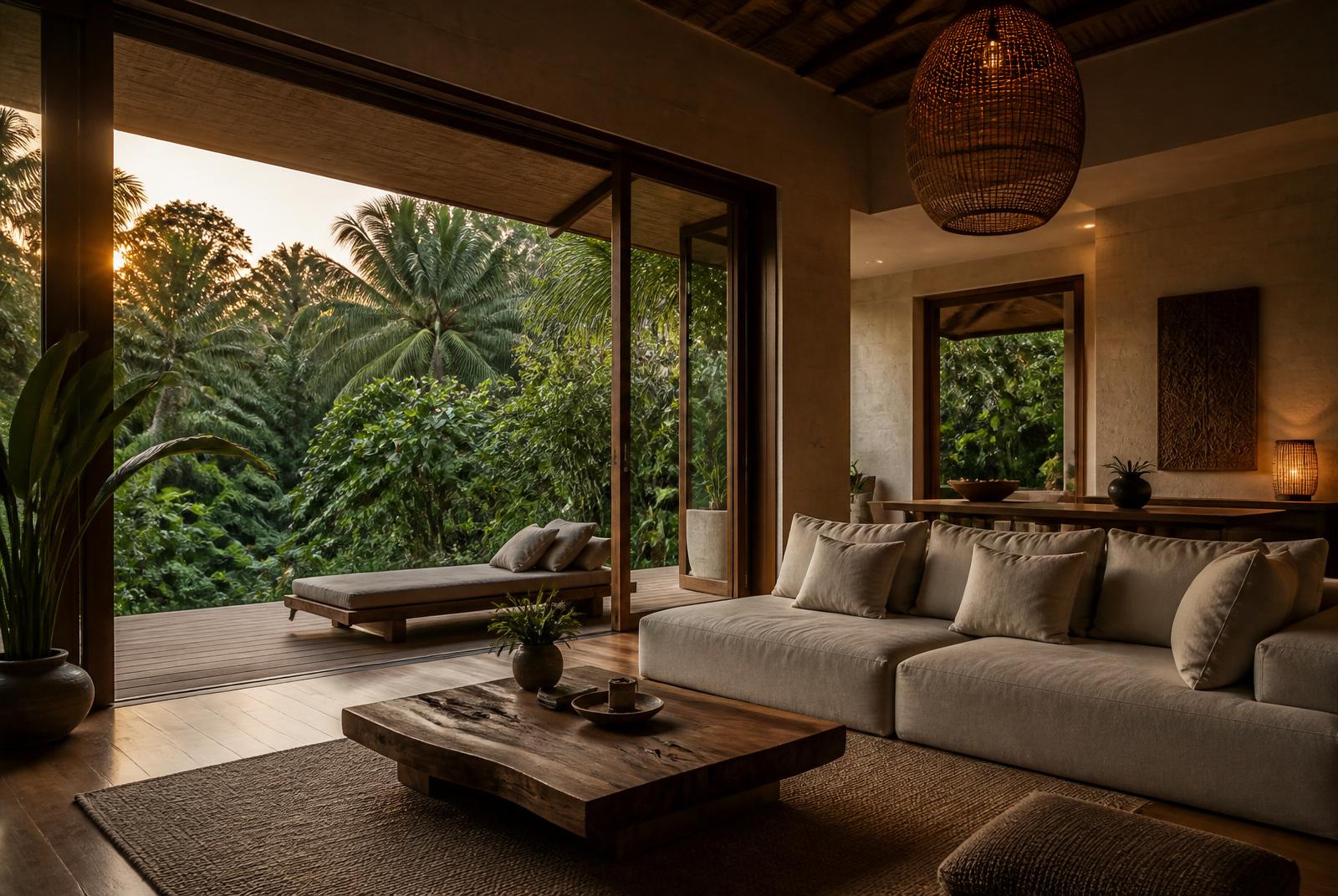 Tropical minimalist living room of an Ubud jungle bungalow with open sliding doors onto the canopy at dusk