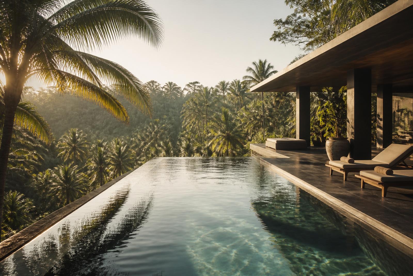 Infinity pool at the edge of a jungle ravine with teak loungers at golden hour